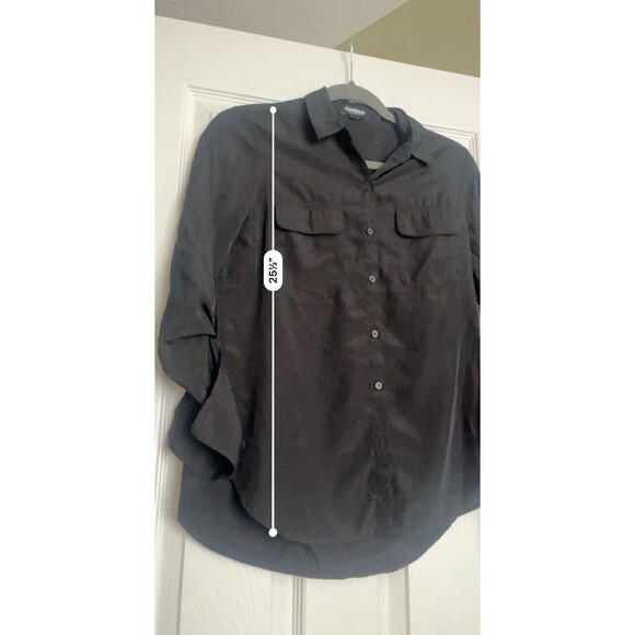 EXPRESS The City Shirt Black Button Up Shirt Womens XS Roll Tab Sleeves - Picture 4 of 7